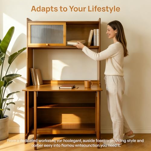 Folding Desk with Storage, Bamboo Foldable Computer Desk for Small Spaces, Small Writing Desk with Shelves for Bedroom Dorm Home Office