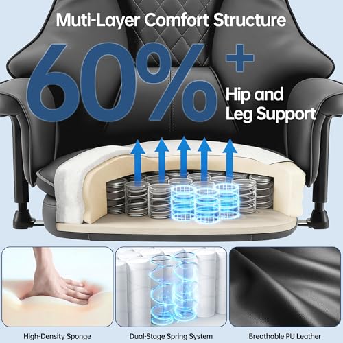 Big and Tall Office Chair - Executive High Back Leather Office Desk Chair with Adjustable Lumbar Support - Ergonomic Comfortable Heavy Duty Computer Gaming Chair with Padded Arms & Wide Seat - color: Grey