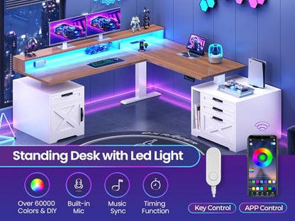 SEDETA Farmhouse L Shaped Standing Desk, 70.1" x 73.2" Height Adjustable Home Office Executive Desk with Drawers, Power Outlet, Monitor Stand, Sit Stand Table with Led Lights for Home Office, White - color: White