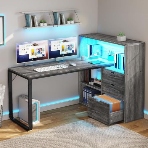 DWVO L Shaped Desk with Drawers & Power Outlets, 55" Computer Desk with Bookshelf, Corner Desk Home Office Desk with Storage Shelves & LED Lights, Grey - color: Grey