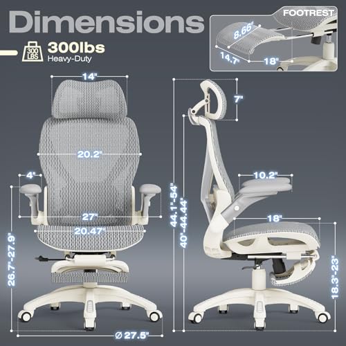 ELABEST X100 Ergonomic Mesh Office Chair with Footrest, Big and Tall Home Desk Chair with 5D Flip-Up Arms, Adjustable 3D Lumbar Support, Gaming & Executive Computer Chair (First Light) - color: First Light