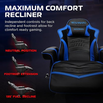 Respawn 900 Gaming Recliner Chair with Footrest, Cup Holder and Swivel | Ergonomic gaming recliner with footrest, cup holder, lumbar support, 135° recline & 360° swivel for console gaming - color: Blue