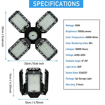 LED Garage Light,150W Deformable Garage Ceiling Lights,15000LM, 4 Adjustable Panels, E26/E27 Shop Lights for Basement, Barn, Workshop,High Bay Light - size: 4+1P 1Pack/F