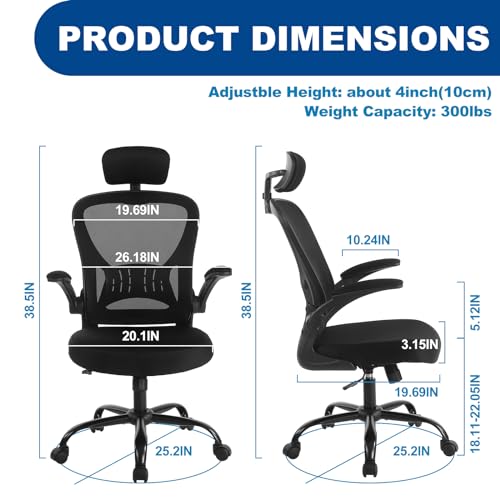 Youhauchair Adjustable Mesh Ergonomic Office Chair with Wheels, Black | Flip-up Arm, Lumbar Support, Height Adjustable, Breathable, Rocking, Mid Back Swivel Compurter Chair with Headrest, Set of 1 - color: Black, style: With Headrest
