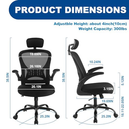 Youhauchair Adjustable Mesh Ergonomic Office Chair with Wheels, Black | Flip-up Arm, Lumbar Support, Height Adjustable, Breathable, Rocking, Mid Back Swivel Compurter Chair with Headrest, Set of 1 - color: Black, style: With Headrest