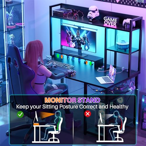 Cyclysio Gaming Desk with Hutch, 39'' Computer Desk with LED Lights & Power Outlets, Home Office Desk with Reversible 5 Tiers Storage Shelves & Monitor Stand, Small Gaming Table for Small Space, Black | Home Office Desk with LED Lights & Power Outlets, Co
