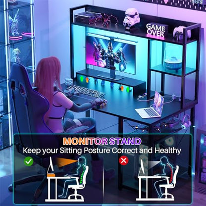Cyclysio Gaming Desk with Hutch, 39'' Computer Desk with LED Lights & Power Outlets, Home Office Desk with Reversible 5 Tiers Storage Shelves & Monitor Stand, Small Gaming Table for Small Space, Black | Home Office Desk with LED Lights & Power Outlets, Co