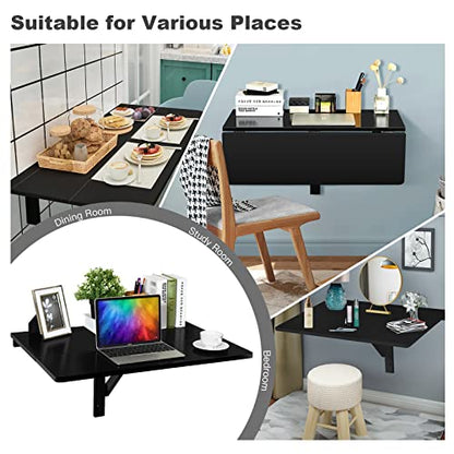 COSTWAY Wall Mounted Folding Table, 31.5" x 23.5" Drop-Leaf Floating Writing Desk for Small Spaces, Space-Saving Fold Down Laptop Workstation for Kitchen, Bedroom, Laundry Room, Study Room (Black) - color: Black