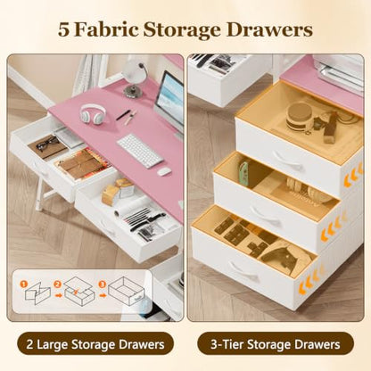 YOMILUVE 52" Computer Desk with Bookshelf, 5 Drawers ＆ Hutch for Bedroom | Pink Office Desk with Printer Shelf, Study Writing Desk with Storage Shelves - color: Pink