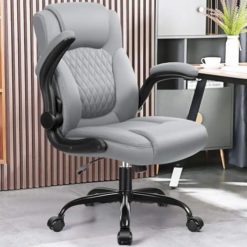 Ergonomic PU Leather Office Chair – 360° Swivel, Adjustable Armrests, Lumbar Support, Quiet Wheels, Modern Desk Chair for Home Office & Gaming, Space-Saving for Shorter Users, Grey
