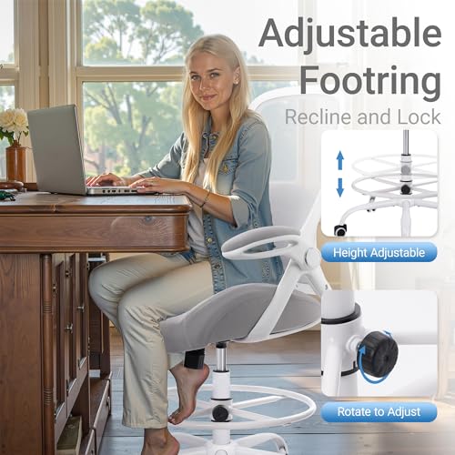 HYLONE 400lbs Heavy Duty Drafting Chair 5" Thickened Seat Office Chair with Flip-Up Armrests Tall Ergonomic Computer Chair with Lumbar Support and Adjustable Footrest Ring Standing Desk Chair (Grey) - color: Grey