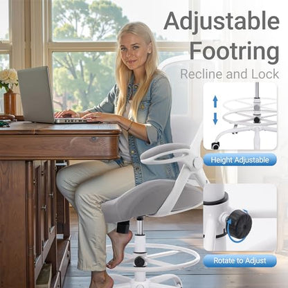 HYLONE 400lbs Heavy Duty Drafting Chair 5" Thickened Seat Office Chair with Flip-Up Armrests Tall Ergonomic Computer Chair with Lumbar Support and Adjustable Footrest Ring Standing Desk Chair (Grey) - color: Grey