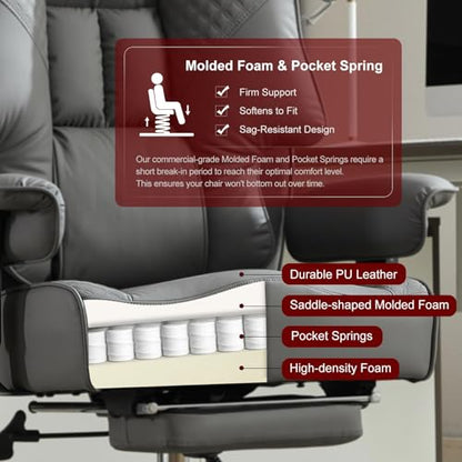 EXCEBET Big and Tall Office Chair 400lbs Wide Seat, Leather High Back Executive Office Chair with Foot Rest, Ergonomic Chairs Lumbar Support for Lower Back Pain Relief (Grey) - color: Charcoal Grey