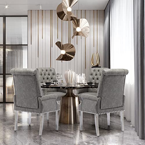 LOULENS PU Leather Dining Chairs Set of 2, Dining Chairs with Arms, Grey | Upholstered, High Back, Tufted, Luxurious, Stainless Steel Leg, for Kitchen & Dining Room - color: Pu, size: 2 PCS