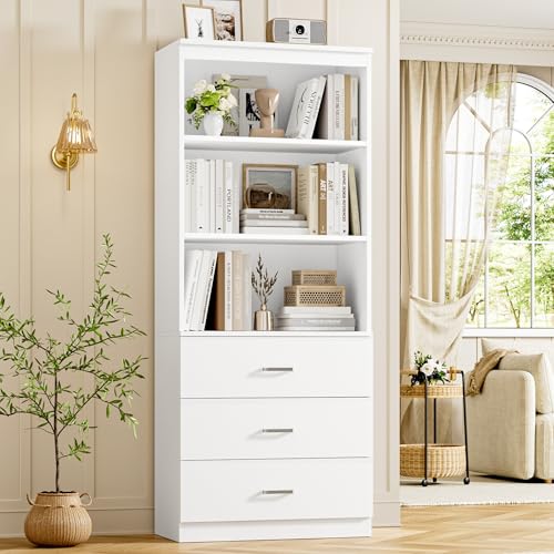 FOTOSOK 71" White Bookshelf with 3 Drawers, Tall Bookshelf and Bookcase | 6-Tier Wide Bookshelf with 3 Open Shelves, Tall Bookcase Large Book Shelf Standing Book Case for Home Office, White - color: White