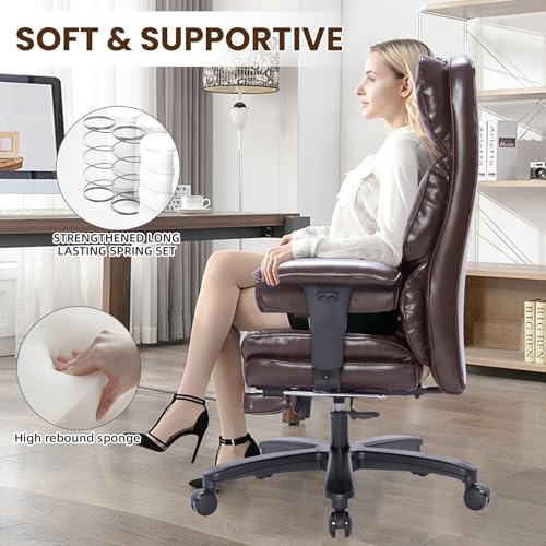 Big and Tall Office Chair with Foot Rest,Heavy Duty Office Chair(Brown) | PU Leather High Back Wide Desk Chair, Comfortable Executive Office Chair, 135° Reclining, Adjustable Padded Armrests - color: Brown