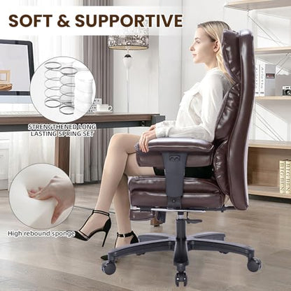 Big and Tall Office Chair with Foot Rest,Heavy Duty Office Chair(Brown) | PU Leather High Back Wide Desk Chair, Comfortable Executive Office Chair, 135° Reclining, Adjustable Padded Armrests - color: Brown