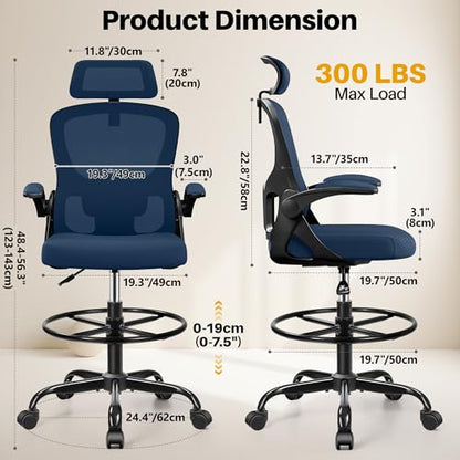 Drafting Chair, Tall Office Chair for Standing Desk, Ergonomic High Back with Headrest, Lumbar Support, Foot Ring and Flip-up Armrests, Navy Blue - color: Navy Blue