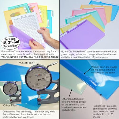 Ultimate Office Mesh Hanging Wall File Organizer, 12 Tier + 18 PocketFiles | Vertical mount hanging file sorter and display rack; includes 18 3rd-cut PocketFile clear document folders - size: 3rd-Cut + 12-Slot Wall File