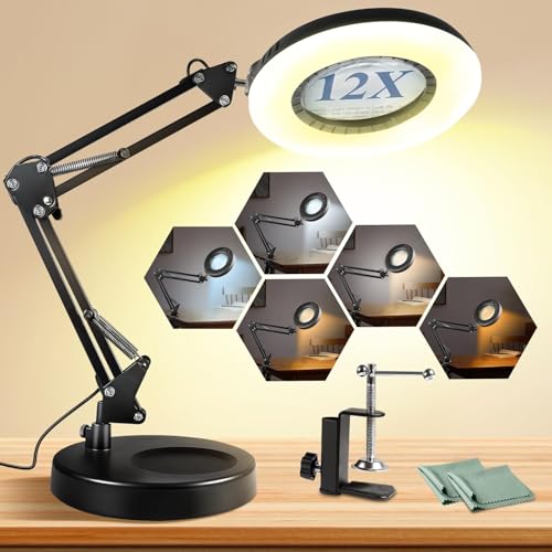12X Magnifying Glass with Light and Stand, 144 LEDs Brightest Desktop Magnifying Lamp, 10 Dimmable Brightness 5 Color Modes, Hands Free Metal Swing Arm Desk Lamp for Craft Reading Painting (black) - color: Black