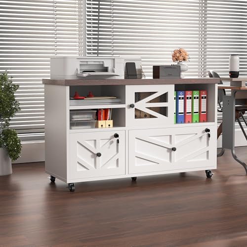 White Lateral File Cabinet with Lock, 2 Drawer Rolling Filing Cabinet for Home Office, Mobile Storage Cabinet with Open Shelves & Sliding Door, Fits Legal/Letter/A4 Files, Herringbone Design - color: White Herringbone-2 Drawers