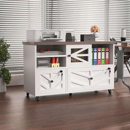 White Lateral File Cabinet with Lock, 2 Drawer Rolling Filing Cabinet for Home Office, Mobile Storage Cabinet with Open Shelves & Sliding Door, Fits Legal/Letter/A4 Files, Herringbone Design - color: White Herringbone-2 Drawers