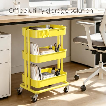 3 Tier Rolling Cart Metal Utility Cart with Lockable Wheels Home Office - color: Yellow, size: Small