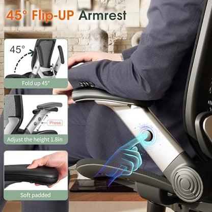 GABRYLLY Ergonomic Office Chair, High Back Home Desk Chair with Headrest, Flip-Up Arms, 90-120° Tilt Lock and Wide Cushion, Big and Tall Mesh Chairs for Man Woman, Black Task Chair - color: Black