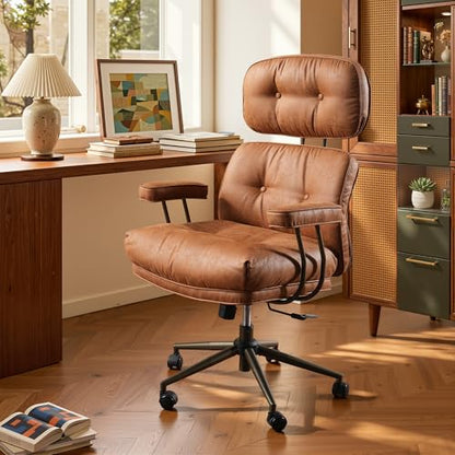 HOOOWOOO Mid-Century Modern Ergonomic Office Chair, Extra Wide Comfy Executive Chair with Lumbar Support, Suede Leather Light Brown - color: Cognac Brown-cloudy Seat, size: High Back
