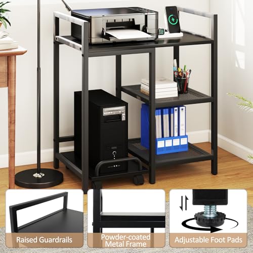 Giantex 3-Tier Printer Stand with Charging Station, 2 Open Storage Shelves, Side PC Stand on Wheels, 25" x 16" Mobile Printer Table for Computer Tower, Printer Shredder, Fax, Under Desk, Home Office - color: Black