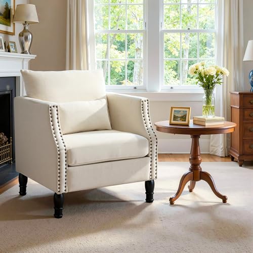 Beige Accent Chairs Set of 1, Upholstered Side Armchairs for Small Spaces | Linen Material, Removable Lumbar Pillows, Comfortable Cushion Support, Suitable for Living Room, Apartment, Waiting Room - color: Beige, size: Set of 1