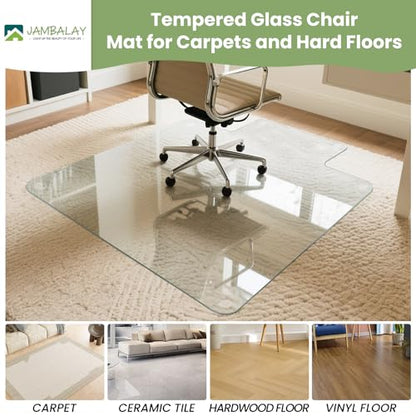 JAMBALAY Irregular Tempered Glass Chair Mat with Lip, 53"x45" Heavy Duty Glass Floor Mat for Carpet/Hard Floors, Carpet Office Chair Mats with Anti-Slip Pads, Thick 0.2″, Clear - size: 53"x45"-With Lip