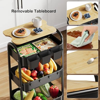 3 Tier Metal Heavy Duty Rolling Cart with Wheels & Wood Table Top, Black | Three-Tiered Organizer on Wheels, Storage Utility Cart for Craft, Art, Diaper Caddy, Baby Nursery, Office, Laundry,Snack,Book - color: Black
