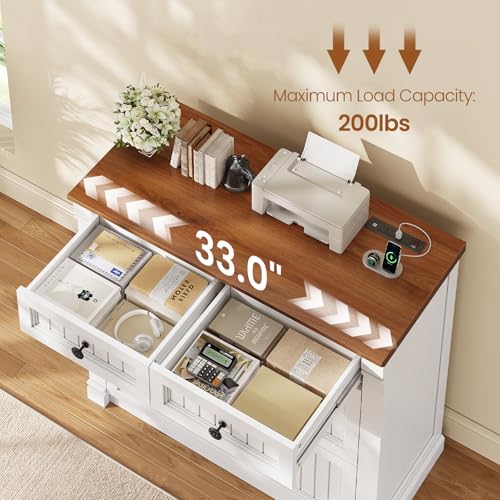 SEDETA 4 Drawers File Cabinet, 33" Farmhouse Filing Cabinets for Home Office fit Legal/Letter/A4 File, Wood Office File Cabinet with Power Outlets, Printer Stand with Storage, White+Brown - color: White+brown