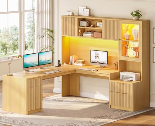 SEDETA 67" x 65" L Shaped Desk with Hutch, RGB LED Corner Computer Desk with Power Outlets, Fluted Home Office Desk with File Drawer, Storage Cabinet & Glass Display Cabinet for Gaming & Working, Oak - color: Oak, size: L Shaped Desk with Hutch