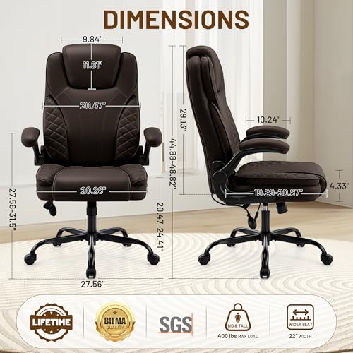 Ergonomic Office Chair, PU Leather High Back Executive Chair with Adjustable Inflatable Lumbar Support and Padded Flip-Up Arms, Recline Swivel Task Computer Chair for Home Office, Dark Brown - color: Dark Brown