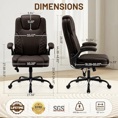 Ergonomic Office Chair, PU Leather High Back Executive Chair with Adjustable Inflatable Lumbar Support and Padded Flip-Up Arms, Recline Swivel Task Computer Chair for Home Office, Dark Brown - color: Dark Brown