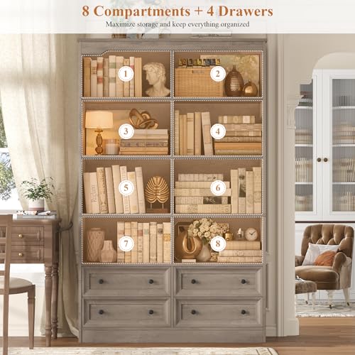 71" Tall Bookshelf with 4 Drawers Large Bookshelf Office Bookcase | 6-Tier Double Wide Bookshelves and Bookcases with Storage, Tall Bookshelf Standing Book Cabinet for Home Office, Ash Grey - color: Ash Grey