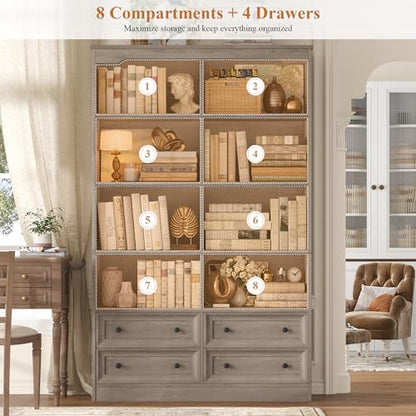 71" Tall Bookshelf with 4 Drawers Large Bookshelf Office Bookcase | 6-Tier Double Wide Bookshelves and Bookcases with Storage, Tall Bookshelf Standing Book Cabinet for Home Office, Ash Grey - color: Ash Grey