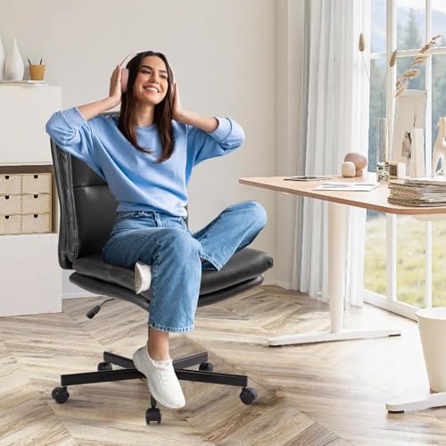 LUCKWIND Armless Office Desk Chair with Wheels, Mid-Back Criss Cross Swivel Task Chair, Height Adjustable Cushioned Vanity Chair, Double Padded PU-Leather Chairs for Home, Office & Bedroom (Black) - color: Black