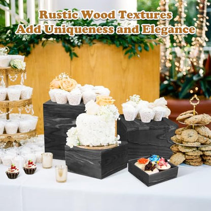 6 Pack Wooden Risers Display Stands Square Food Risers for Buffet Party Rustic Wood Cake & Cupcake Stands Nesting Box Wooden Crates for Display - color: Black