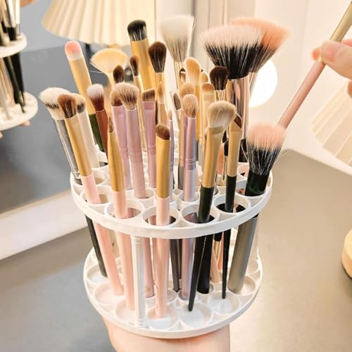 360 Rotating Brush Holder - Suitable for Art Brushes, Pens, Makeup Tools Fashionable White Plastic Storage Box with Glazed -Saving Desktop Accessory for Makeup Room Office Painting Studio