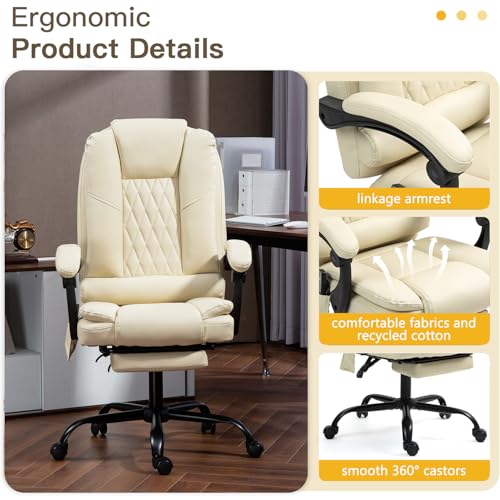 ECOTOUGE Ergonomic Comfy Desk Chair, High Back Computer Chair, Beige | 6-Point Heated Massage Office Chair with Footrest, Executive High Back PU Leather Computer Chair with Armrest & Reclining - color: Beige