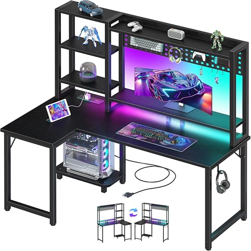 48 inch L Shaped Gaming Desk with Hutch, Pegboard and Monitor Stand, Black