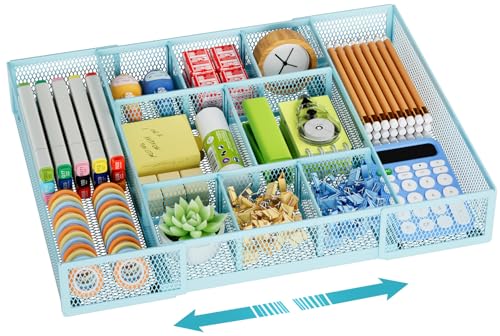Marbrasse Expandable Desk Drawer Organizer, Mesh Drawer Organizer Tray with 10 Adjustable Compartments, Desk Organizers and Accessories for Office Supplies, Makeup & Vanity (Expandable-Blue) - color: Expandable-Blue