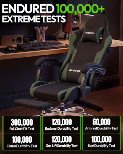 Dowinx Ergonomic Gaming Chair with Footrest & Massage Lumbar, 2D-Linkage Armrests for Computer Chair 330lbs with Headrest Pillow for Office, Home, Streaming and Long Gaming Sessions, Fabric Dark Green - color: Dark Green