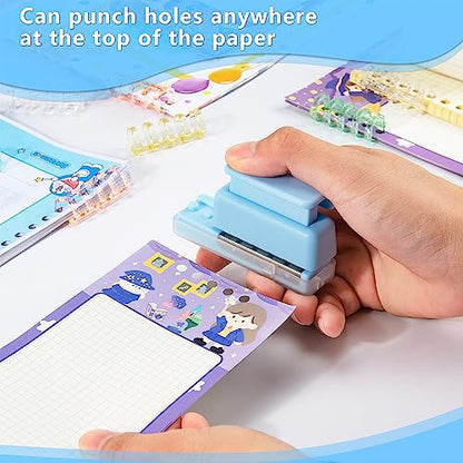 Mini 5-Hole Binding Machine - IMLIKE 5 Holes Binding Machine with 16 Loose-Leaf Binding Strips - Easy to Add or Remove Papers, 4 Sheets Capacity (A4/30 Holes, B5/26 Holes, A5/20 Holes) - Blue