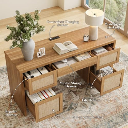 Yechen Executive Desk with 5 Drawers, 57" Modern Rattan Home Office Desk with Charging Station, File Drawer, Farmhouse Boho Computer Writing Desk for Study, Work, Walnut Brown