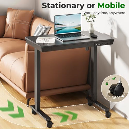 35" Electric Standing Desk with Drawer, 4 Lockable Wheels - color: Black Wood-top, size: 35"
