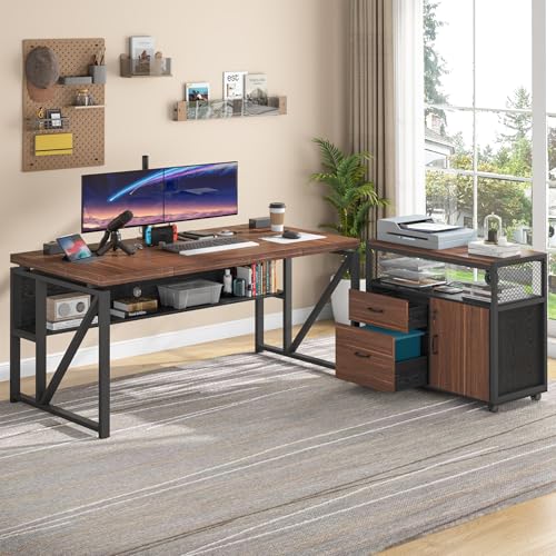 Tribesigns Office Desk with Drawers Sets, 63 inches L Shaped Computer Desk with Mobile File Cabinet,Big Executive Desk for Home Office Furniture Sets (Dark Brown, 63-inch) - color: Dark Brown